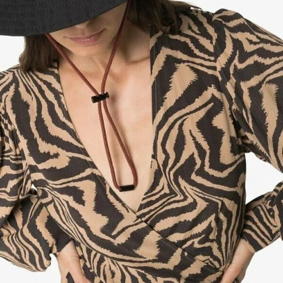 Ganni Tiger Print Crepe Wrap Midi Dress - Picture 1 of 16